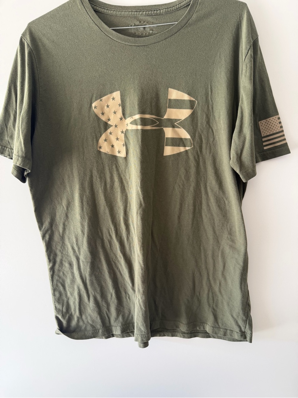 Under Armour Olive Green Short Sleeve Tee with Tan Flag Logo